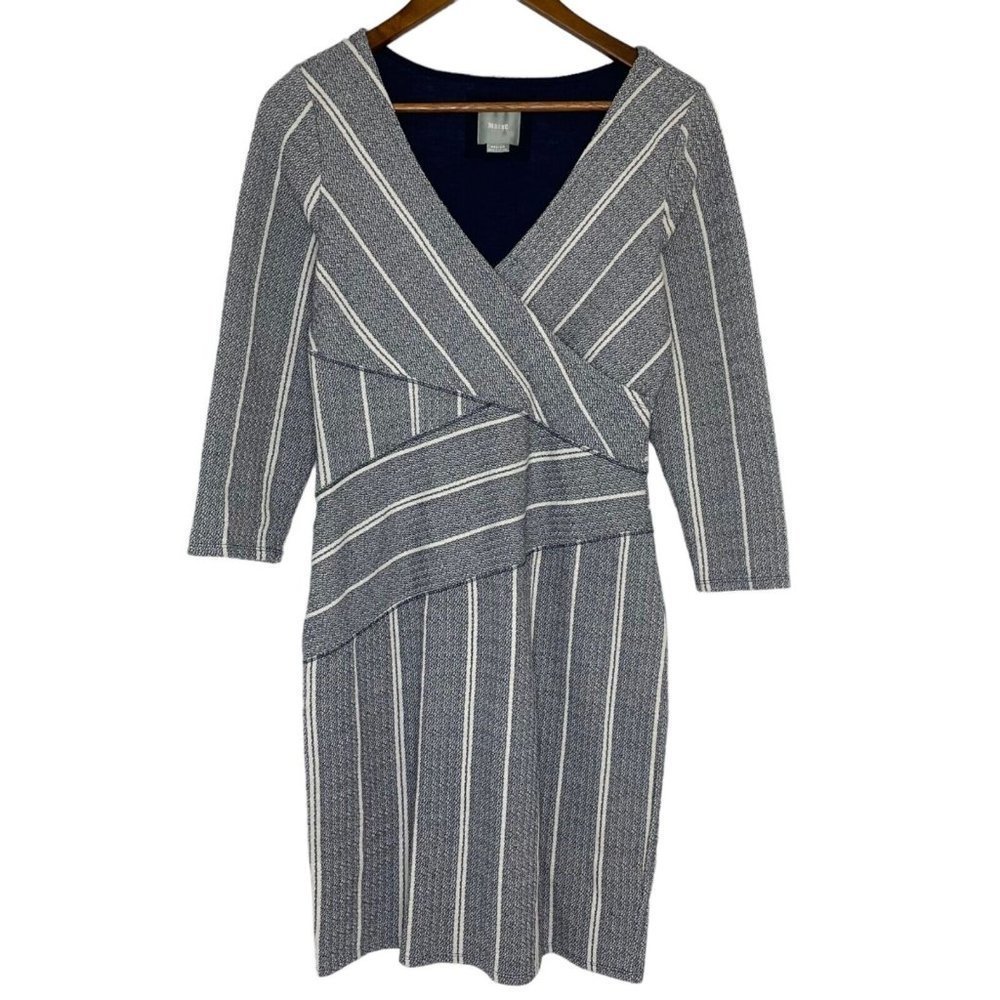 Maeve Gray Striped 3/4 Sleeve V-Neck Dress Size Medium Women’s